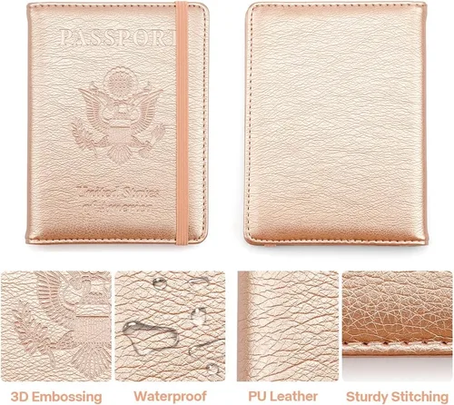 Miniatura 4 de Soporte para pasaporte y tarjetero de vacuna, cartera para pasaporte, funda para pasaporte con bloqueo RFID, Oro Rosa, Compacto