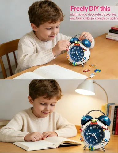 Miniatura 2 de Reloj despertador para niños, reloj analógico para niños, relojes despertadores para dormitorios con personas que duermen mucho con calcomanías