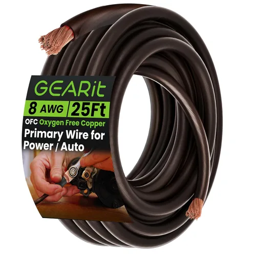 GEARit Cable de calibre 8 OFC, cable de batería de cobre sin oxígeno 8 AWG, cable negro de alimentación/tierra de 25 pies para audio de automóvil,