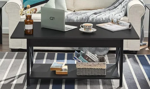 Miniatura 8 de GreenForest - Mesa de café negra con estante de almacenamiento de 39 pulgadas, mesa central rectangular de 2 niveles para sala de estar, mesa Negro