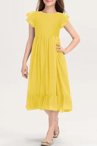 Miniatura 3 de MITILLY Vestido midi de gasa con volantes y cuello redondo y encaje elegante para niñas