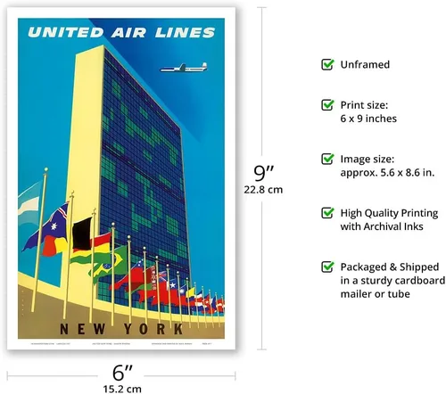 Miniatura 2 de United Nations Building New York - United Air Lines - Vintage Airline Travel Poster by Joseph Binder c.1957 - Master Art Print (Unframed) 6in x 9in