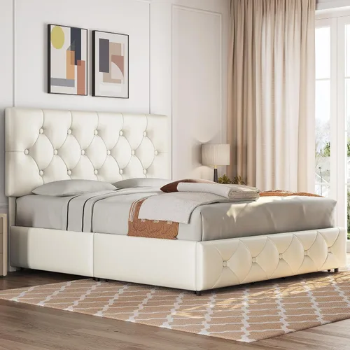 Miniatura 10 de Topeakmart Base de cama de plataforma tapizada tamaño Queen con cabecera ajustable en altura y 3 cajones de almacenamiento, base de colchón de piel