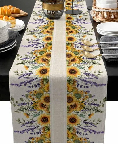 Miniatura 12 de Camino de mesa floral de tulipán azul, algodón y lino, pequeñas bufandas de 36 pulgadas, diseño rústico de flores para cocina, café, mesa