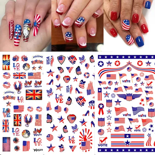 Miniatura 2 de RIICFDD 8 hojas de calcomanías para uñas del 4 de julio, autoadhesivas 3D de bandera de Estados Unidos para arte de uñas, calcomanías del día
