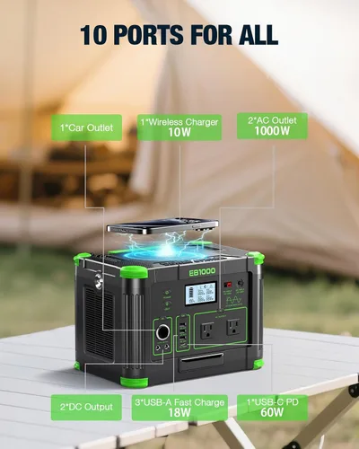 Miniatura 5 de GRECELL - Generador solar portátil de 1000 W, 999 Wh con salida USB-C PD de 60 W, salida de CA de onda sinusoidal pura de 110 V, batería de litio