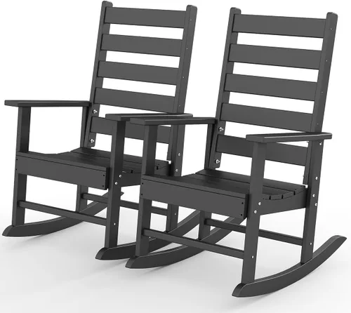 GREENVINES Juego de 2 sillas mecedoras para exteriores | Plástico HDPE | Mecedoras de patio | Silla mecedora de porche | Coctelera | De gran tamaño
