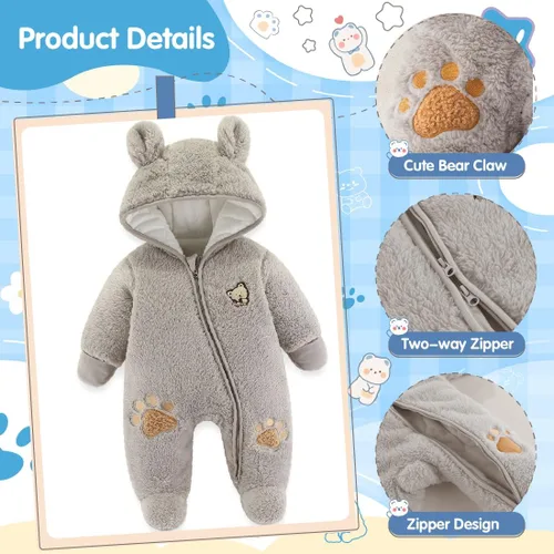 Miniatura 3 de Fairy Baby Traje de nieve para bebé recién nacido, con oso y mameluco de forro polar grueso, abrigo infantil para niñas y niños de 0 a 12 meses