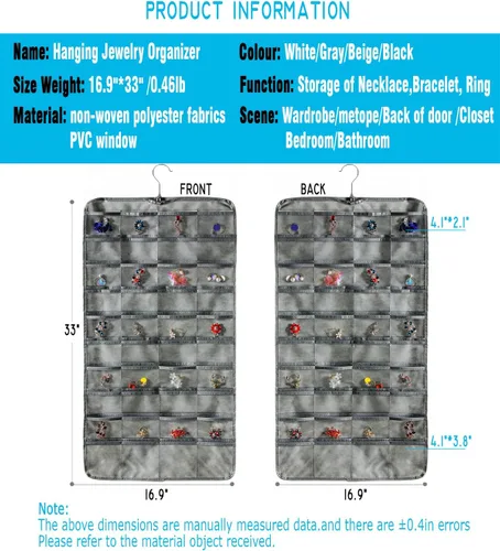 Miniatura 3 de AARAINBOW Organizador de joyas colgante de doble cara con 80 bolsillos, colgador de joyas para aretes, collares, anillos en armario, pared, puerta
