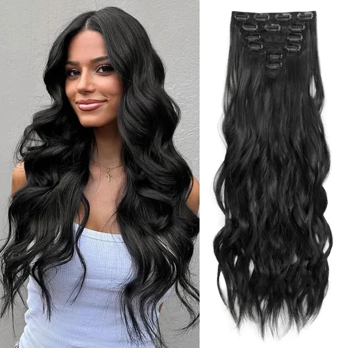 Miniatura 20 de Extensiones de cabello con clip para mujer, negro natural con reflejos marrones, 20 pulgadas, 6 piezas, extensiones de cabello largo, ondulado