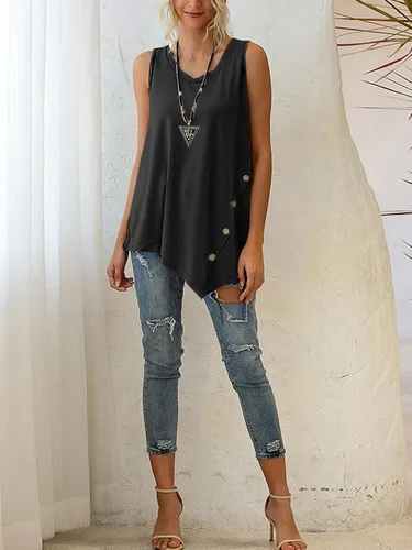 Miniatura 5 de LYANER Camiseta sin mangas de verano para mujer, cuello redondo, dobladillo asimétrico, sin mangas