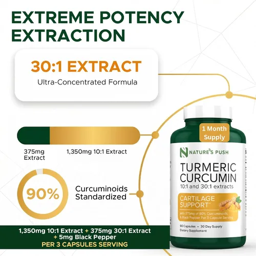 Miniatura 2 de Nature's Push Curcumina de cúrcuma súper potente 30:1 Extracto 30:1 375 mg 90% curcuminoides, 1,350 mg de raíz de cúrcuma 10:1 más pimienta negra