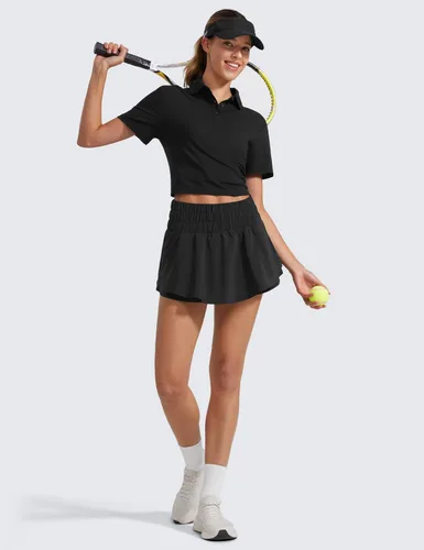 Miniatura 3 de CRZ YOGA - Pantalones cortos deportivos para mujer, cintura alta, holgados, con volantes, para entrenar, correr, tenis y bolsillo con cremallera