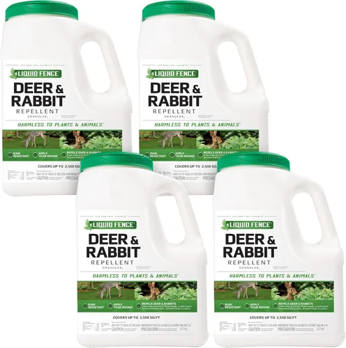 Liquid Fence Repelente de ciervos y conejos granular 5 libras, inofensivo para plantas y animales, paquete de 4