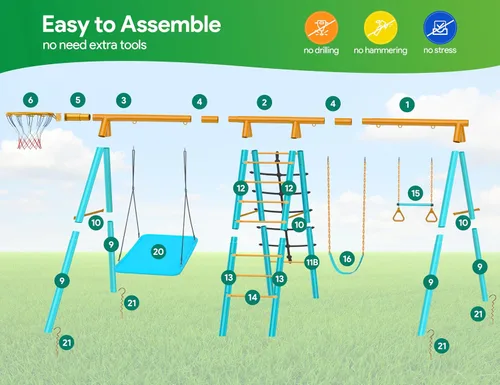 Miniatura 5 de Osoeri Juego de columpios 6 en 1 para patio trasero, juego de columpios de metal resistente para niños con 2 columpios, red de escalada, barra