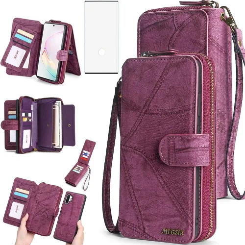 Asuwish Funda de teléfono para Samsung Galaxy Note 10 Plus Note10+ 5G con cremallera, funda desmontable con protector de pantalla y ranura para Rojo