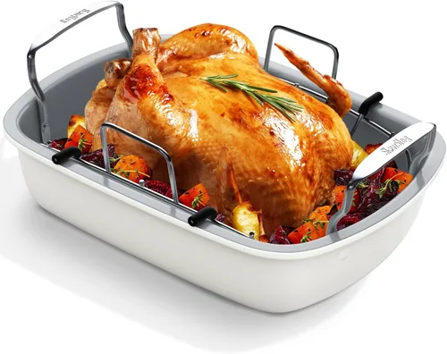 Miniatura 10 de Sartén antiadherente para asar pavos con estante, sartén para pavo de 17 x 13 pulgadas, sartén grande para carne y verduras, (plateado)