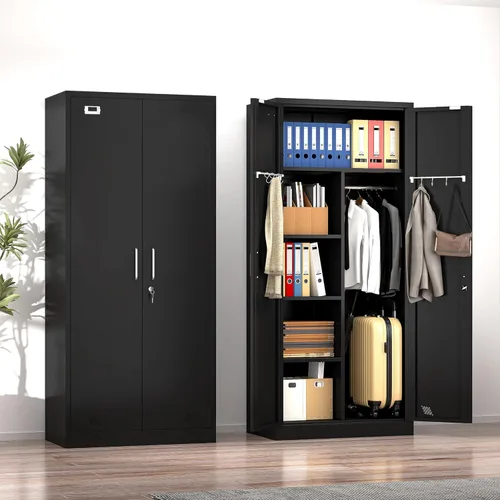 Miniatura 8 de PAOFIN Armario de metal negro de 71 pulgadas, armario de almacenamiento de ropa para dormitorio con 2 cajones y barra para colgar, armario