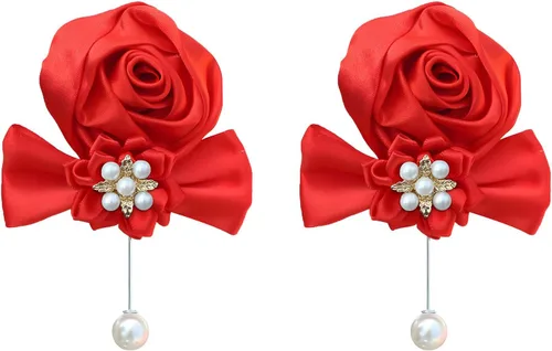 Miniatura 6 de Boutonniere de rosas de satén, 2 piezas para boda, novio, padrino, padrino, mejor hombre, padre, alfiler de solapa, agujero de botón, flor