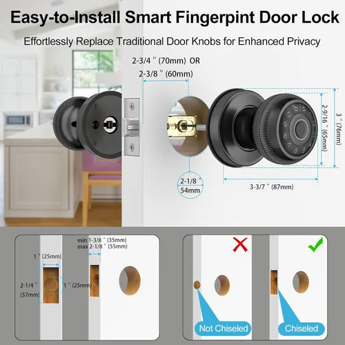 Miniatura 6 de BIWIBON Pomo de puerta inteligente 4 en 1, perilla de puerta de huellas dactilares con control de aplicación, cerradura inteligente de puerta