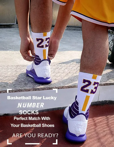 Miniatura 8 de 2 pares de calcetines de baloncesto para hombres y niños, equipo de baloncesto con número de la suerte, calcetines de estrella para niños y adultos