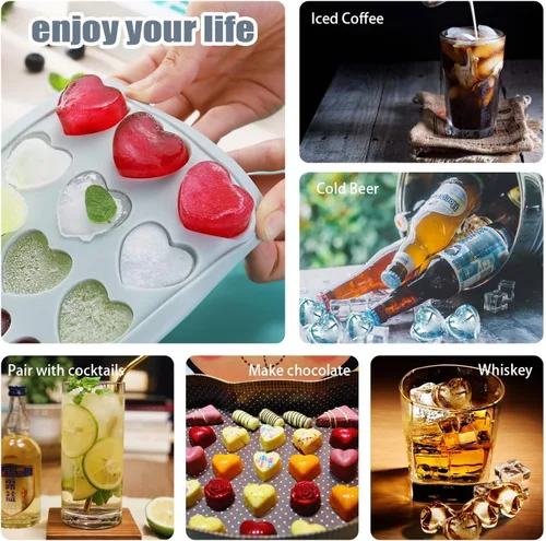 Miniatura 6 de Bandeja de cubitos de hielo en forma de corazón, molde de silicona de 21 agujeros con tapa extraíble flexible para whisky cóctel chocolate Azul