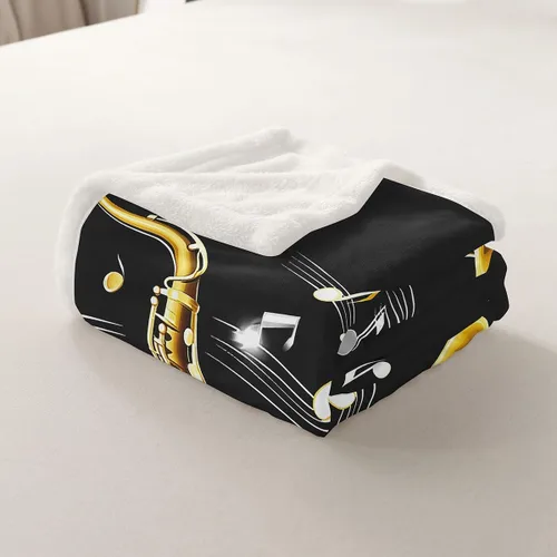 Miniatura 5 de Erosebridal Manta Sherpa de saxofón con notas musicales giratorias, manta de forro polar con instrumentos musicales, manta retro con temática