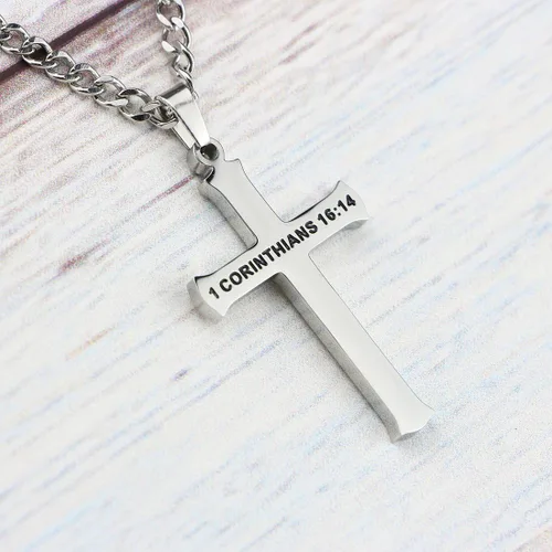 Miniatura 6 de Collar religioso con versículo de la Biblia Cristiana con sello a mano, colgante de cruz de acero inoxidable, regalo para hombres, Acero inoxidable