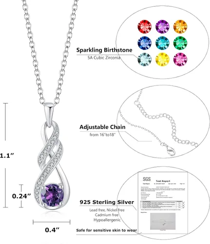 Miniatura 5 de Birthstone Necklaces for Women 925 Sterling Silver Infinity Pendant Created Gemstone Jewelry for Her, 16"+2