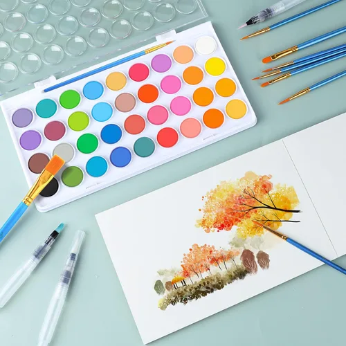 Miniatura 6 de AROIC Juego de pintura de acuarela de 65 piezas, 36 colores de acuarela, 10 pinceles, 3 pinceles de agua recargables, 16 páginas