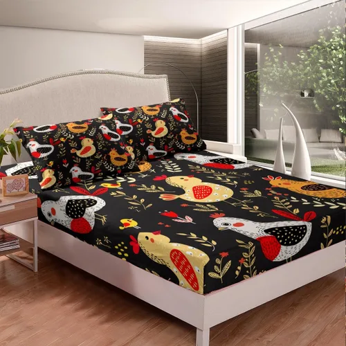 Miniatura 4 de Erosebridal Juego de sábanas tamaño matrimonial de gallo, diseño de animales de granja, estilo rural, rústico, juego de sábanas de pájaros Color 25