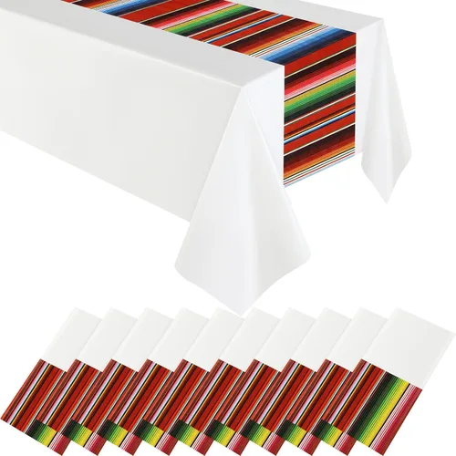 Miniatura 11 de Hosuly Mantel de plástico para fiesta mexicana, 6 unidades, 54 x 108 pulgadas, mantel de plástico a rayas para decoración de fiesta mexicana