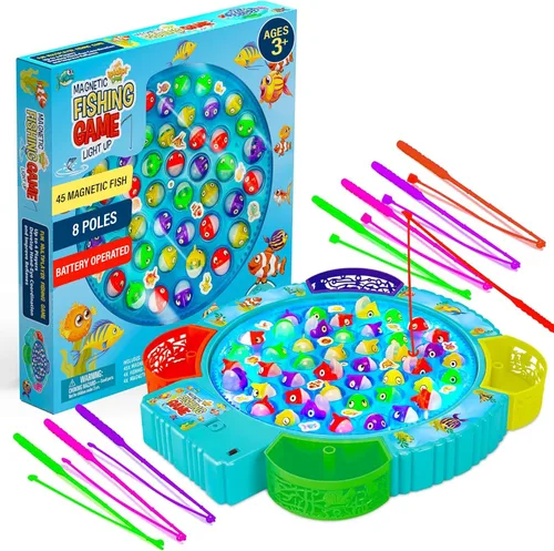 IPIDIPI TOYS Juego de pesca para niños, 45 peces y 8 bastones, juguete magnético de peces con tablero giratorio y música, actividad de habilidad