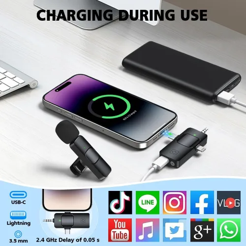 Miniatura 3 de Mini micrófono, 3 en 1 micrófonos de solapa inalámbricos para iPhone/iPad/Android/cámara (Lightning/USB/conector de 0.138 in), paquete de 2 Negro