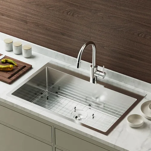 Miniatura 11 de Bonnlo Fregadero de cocina de 25 pulgadas de montaje superior, fregadero de cocina de estilo granja con protector de fregadero de calibre 18