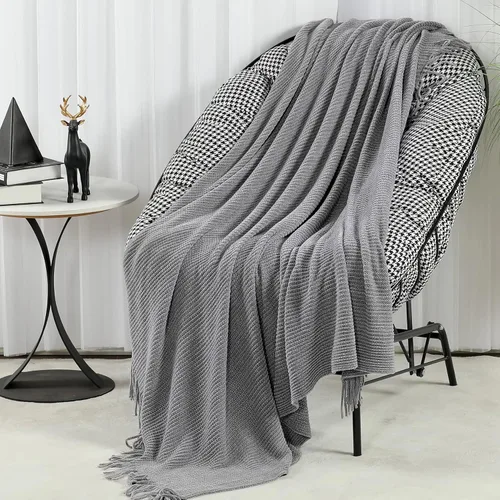 Miniatura 17 de Blagic Manta de punto para sofá, manta suave de estilo bohemio para otoño con borlas, manta ligera decorativa para el hogar, manta beige para cama