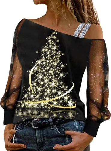 Womens Blouses Dressy Casual,Women's Cold Shoulder Tops Long Sleeve Casual Shirts Christmas Top Tunic Blouse Tshirt