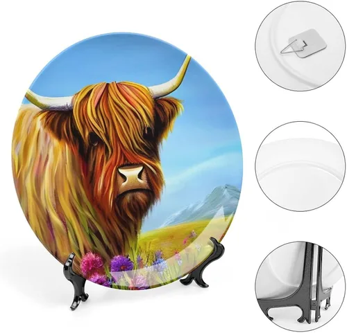 Miniatura 4 de Plato decorativo, acuarela de vaca de las tierras altas, placa de exhibición, decoración artística, pintura para el hogar, oficina, fiesta, cena
