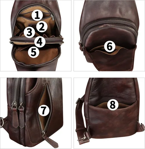 Miniatura 4 de Bolso de cuero genuino para mujeres y hombres, mochila bandolera de cuero real para el hombro, bolso cruzado en el pecho, Café