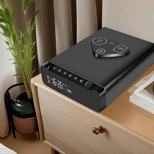 Miniatura 5 de Caja fuerte biométrica para armas con huellas dactilares, caja fuerte para pistolas con reloj y carga inalámbrica para reloj y teléfono 3 en 1