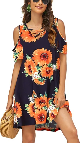 Bluetime - Vestido veraniego e informal para mujer,tipo túnica, con hombros descubiertos, de escote cruzado y manga corta, tallas S a 3XL