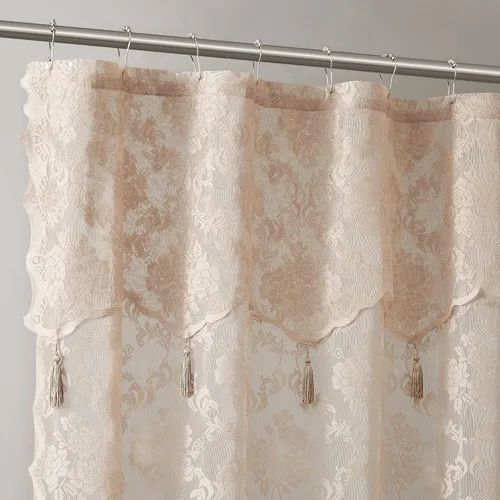 Warm Home Designs Cortina de Ducha de Encaje de Lino con Cenefa Adjunta y Borlas Elegantes. 72 x 84 pulgadas Extra Larga para Baño. Cortina de Ducha