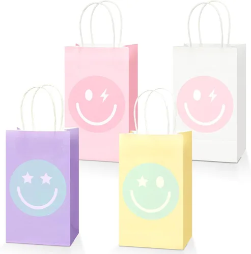 16 bolsas de papel de regalo de cara sonriente, suministros de fiesta de preparación, bolsas de dulces pastel, decoración de fiesta de papel kraft