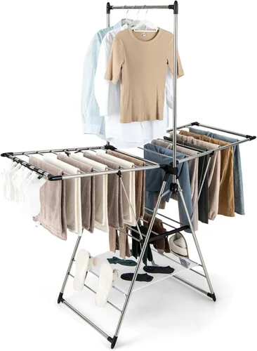 Giantex Estante de secado de ropa, estante de secado de ropa plegable con altura ajustable de 6 niveles, diseño de colgador alto, clips laterales,