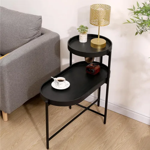 Miniatura 2 de Mesa auxiliar redonda de 2 niveles con extremo de café irregular, mesa pequeña con marco de metal para sala de estar, dormitorio (negro)