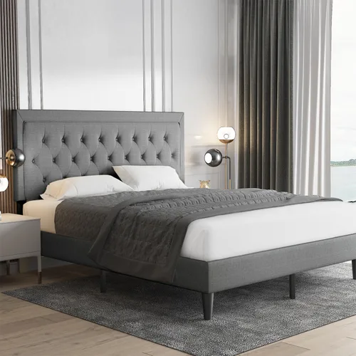 Miniatura 11 de Allewie Base de cama tapizada de tamaño matrimonial con cabecera ajustable, botón acolchonado, soporte de listones de madera, fácil montaje