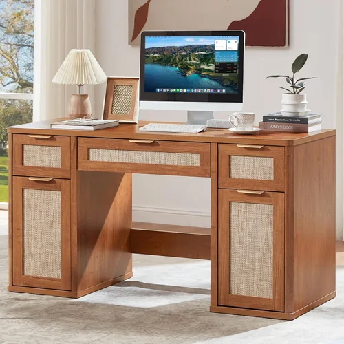 Miniatura 12 de LEYAOYAO Office Desk 56" with 5 Drawers Storage File Cabinet Rattan Wood Desk for Computer Office Bedroom Home Furniture Black
