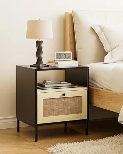 Miniatura 9 de Mesita de noche de ratán, mesa auxiliar grande y moderna de madera estilo bohemio con cajón de almacenamiento y estante abierto, mesa auxiliar Negro
