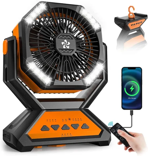 Ventilador recargable portátil para tiendas de campaña, 20000 mAh, funciona con pilas, luces de campamento con gancho remoto, 4 temporizadores/4
