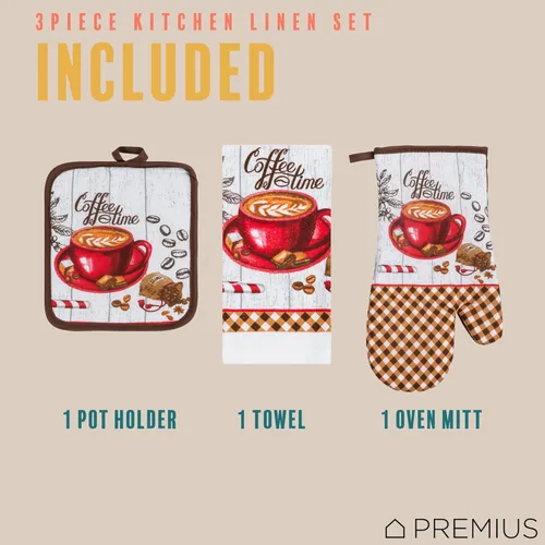 Miniatura 4 de Juego de ropa de cocina estampada Coffee Time de 3 piezas, 1 toalla de algodón, 1 agarradera, 1 guante de horno con lazo para colgar, material 100%